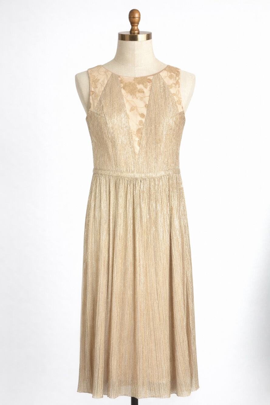 Tahari | Gold A Line Dress Sequins and Lace Shiny Metallic